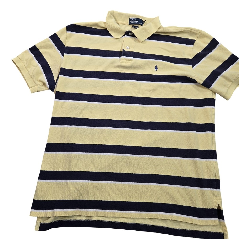 Polo Ralph Lauren Polo Shirt Mens 2XL Yellow Navy Stripe Pique Short Sleeve